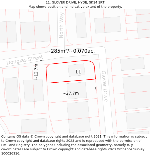 11, GLOVER DRIVE, HYDE, SK14 1RT: Plot and title map