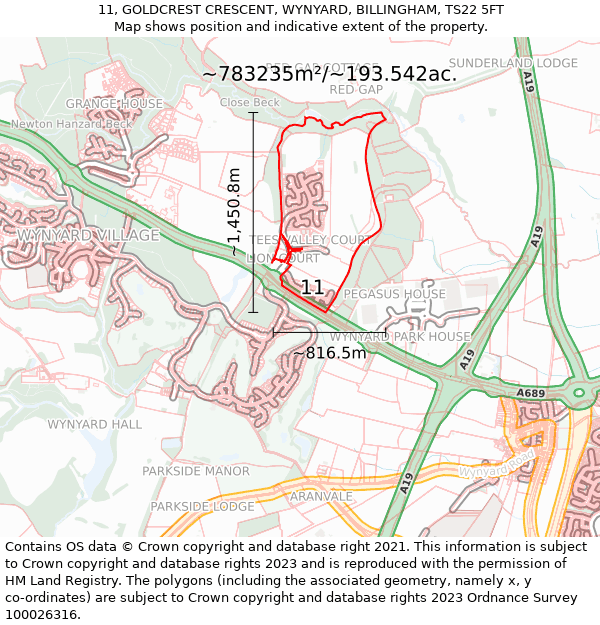 11, GOLDCREST CRESCENT, WYNYARD, BILLINGHAM, TS22 5FT: Plot and title map