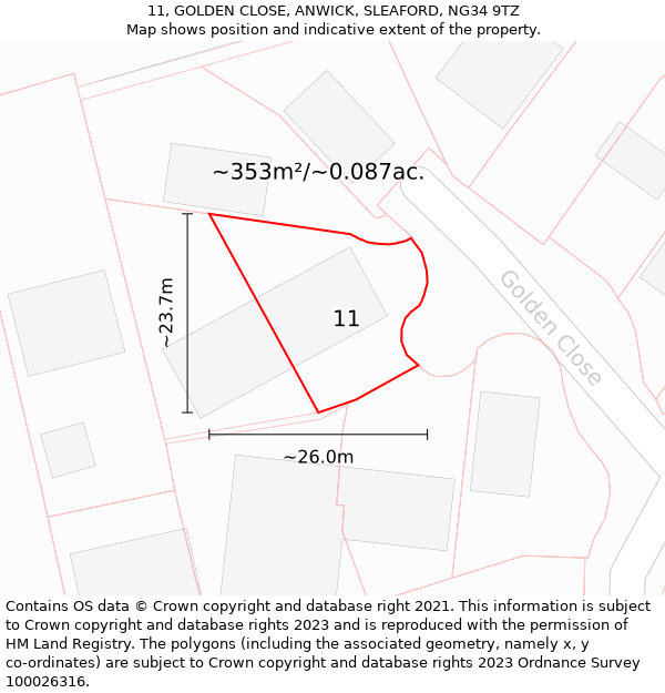 11, GOLDEN CLOSE, ANWICK, SLEAFORD, NG34 9TZ: Plot and title map