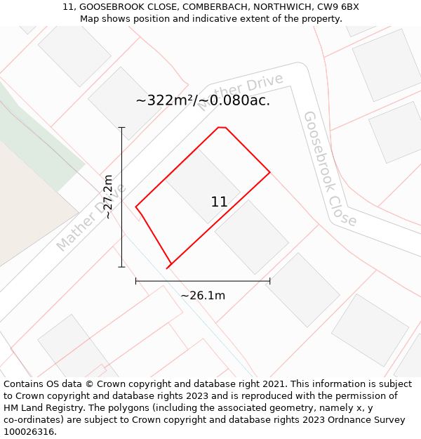 11, GOOSEBROOK CLOSE, COMBERBACH, NORTHWICH, CW9 6BX: Plot and title map