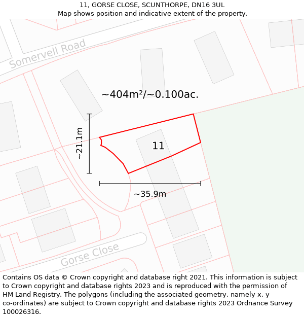 11, GORSE CLOSE, SCUNTHORPE, DN16 3UL: Plot and title map