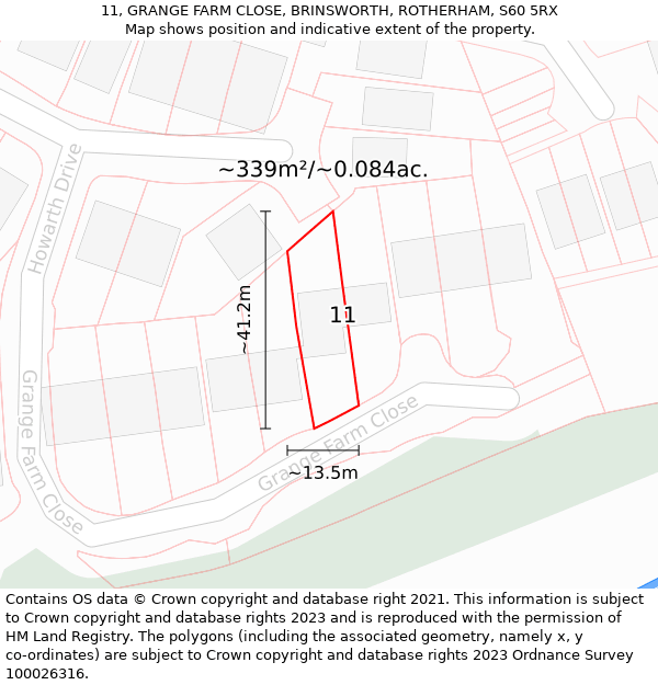 11, GRANGE FARM CLOSE, BRINSWORTH, ROTHERHAM, S60 5RX: Plot and title map