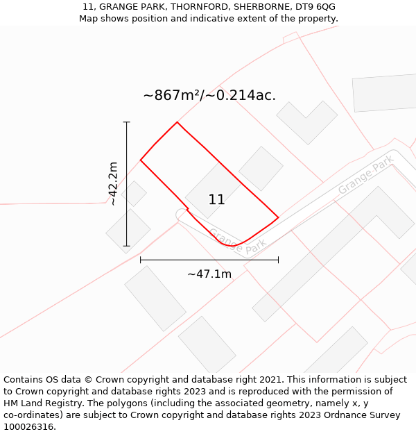 11, GRANGE PARK, THORNFORD, SHERBORNE, DT9 6QG: Plot and title map