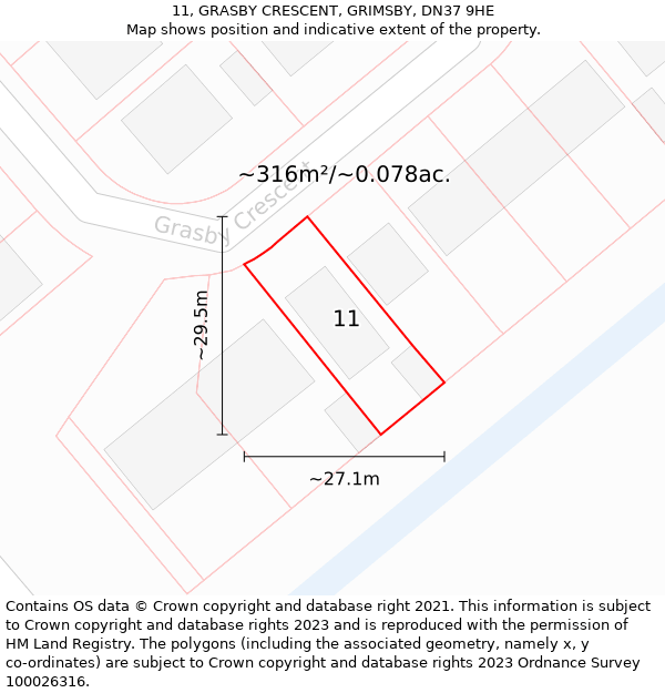 11, GRASBY CRESCENT, GRIMSBY, DN37 9HE: Plot and title map