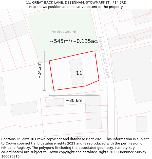 11, GREAT BACK LANE, DEBENHAM, STOWMARKET, IP14 6RD: Plot and title map