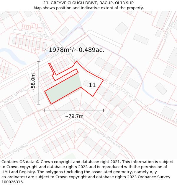 11, GREAVE CLOUGH DRIVE, BACUP, OL13 9HP: Plot and title map