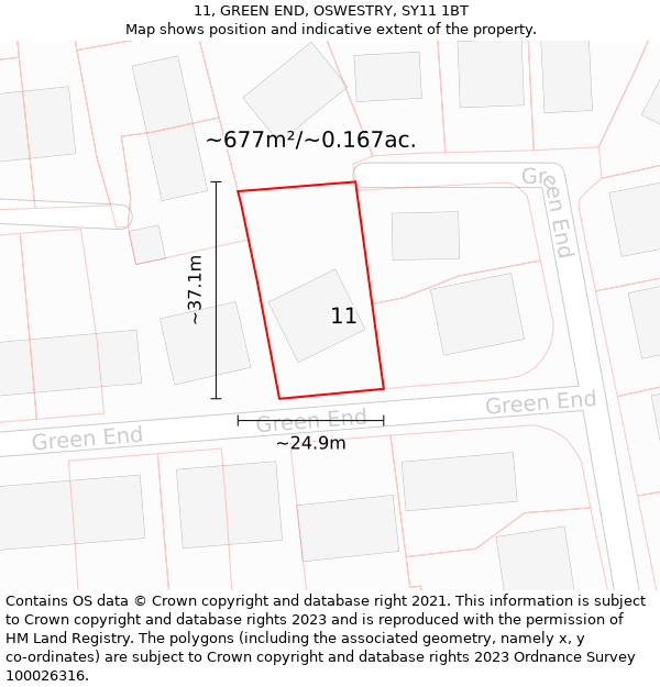 11, GREEN END, OSWESTRY, SY11 1BT: Plot and title map