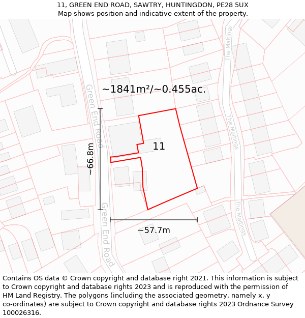 11, GREEN END ROAD, SAWTRY, HUNTINGDON, PE28 5UX: Plot and title map