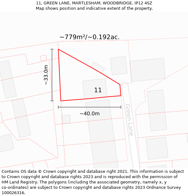 11, GREEN LANE, MARTLESHAM, WOODBRIDGE, IP12 4SZ: Plot and title map