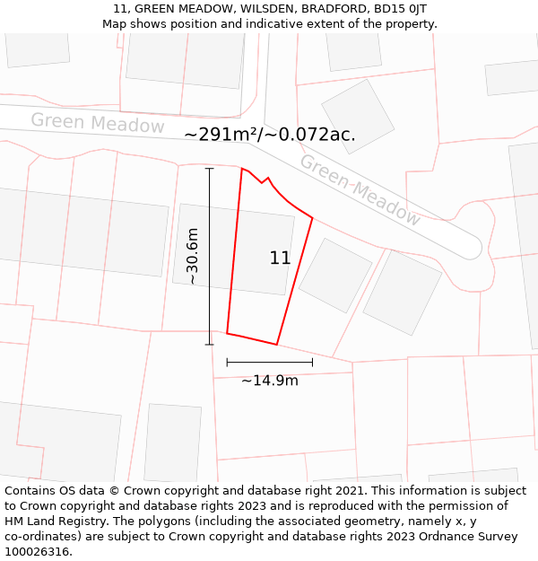 11, GREEN MEADOW, WILSDEN, BRADFORD, BD15 0JT: Plot and title map