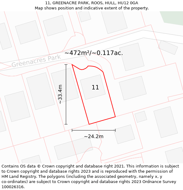 11, GREENACRE PARK, ROOS, HULL, HU12 0GA: Plot and title map