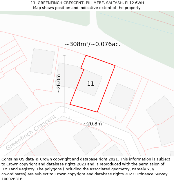 11, GREENFINCH CRESCENT, PILLMERE, SALTASH, PL12 6WH: Plot and title map