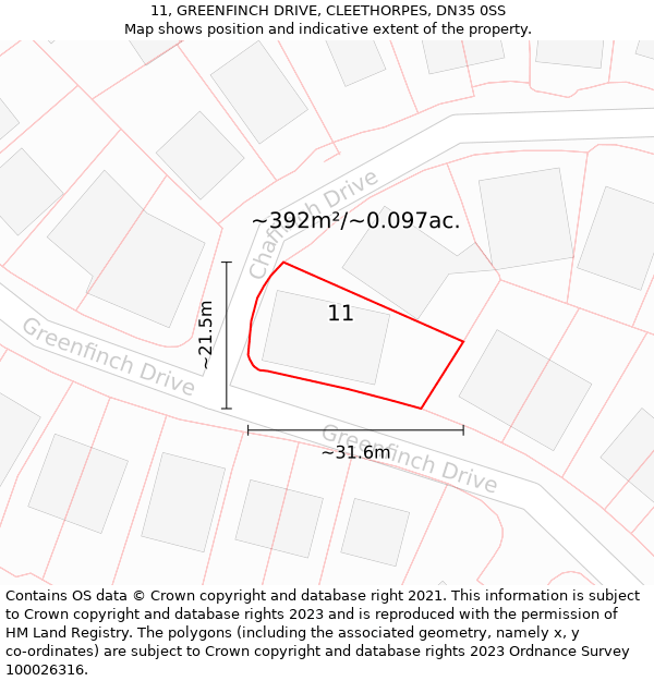 11, GREENFINCH DRIVE, CLEETHORPES, DN35 0SS: Plot and title map