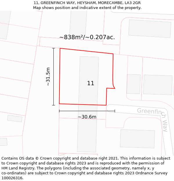 11, GREENFINCH WAY, HEYSHAM, MORECAMBE, LA3 2GR: Plot and title map