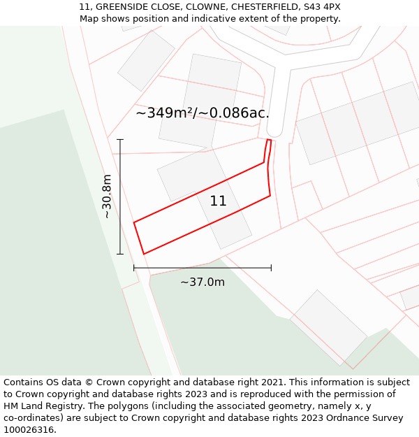 11, GREENSIDE CLOSE, CLOWNE, CHESTERFIELD, S43 4PX: Plot and title map