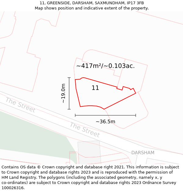 11, GREENSIDE, DARSHAM, SAXMUNDHAM, IP17 3FB: Plot and title map