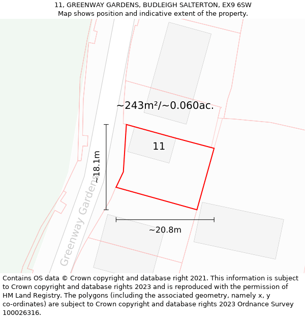 11, GREENWAY GARDENS, BUDLEIGH SALTERTON, EX9 6SW: Plot and title map