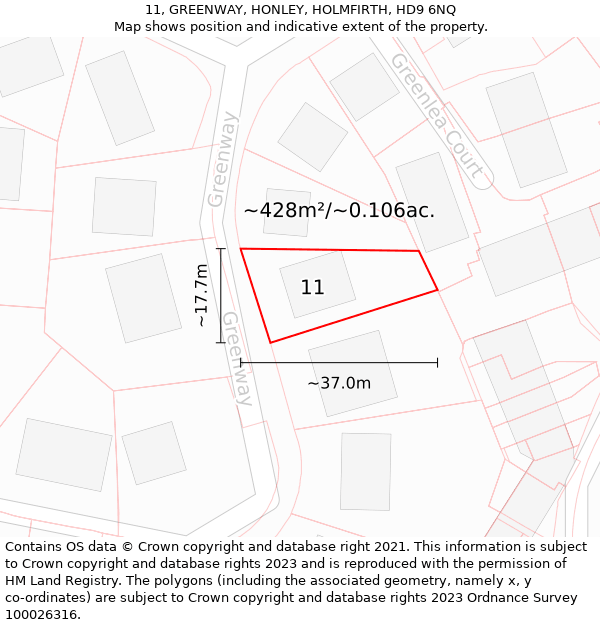 11, GREENWAY, HONLEY, HOLMFIRTH, HD9 6NQ: Plot and title map