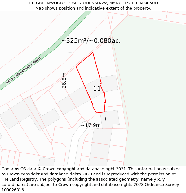 11, GREENWOOD CLOSE, AUDENSHAW, MANCHESTER, M34 5UD: Plot and title map