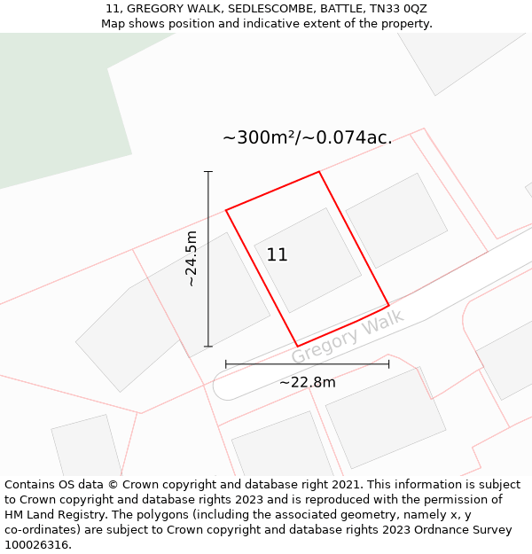 11, GREGORY WALK, SEDLESCOMBE, BATTLE, TN33 0QZ: Plot and title map