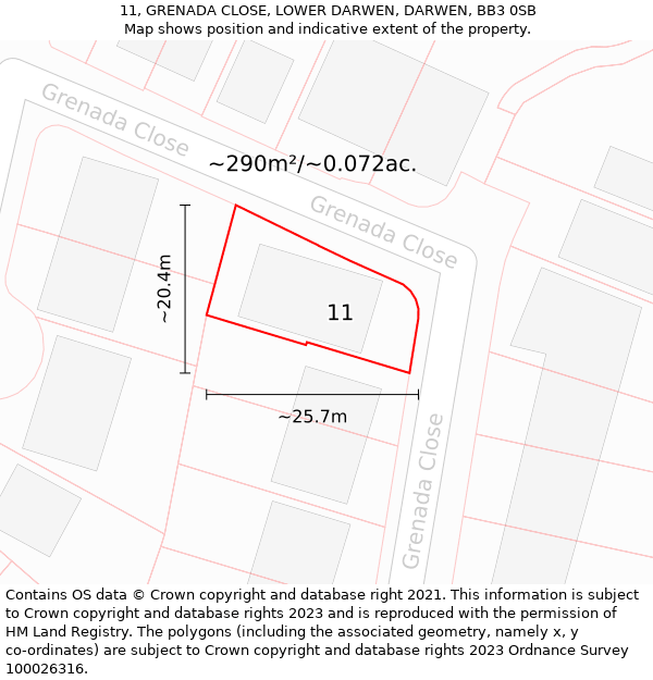 11, GRENADA CLOSE, LOWER DARWEN, DARWEN, BB3 0SB: Plot and title map