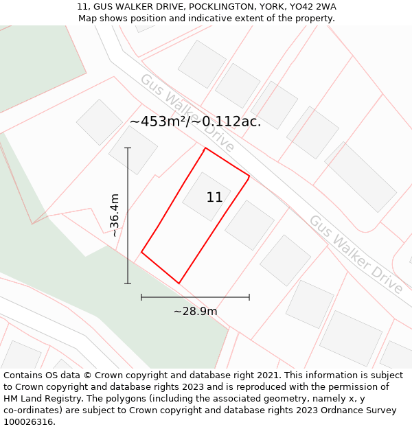 11, GUS WALKER DRIVE, POCKLINGTON, YORK, YO42 2WA: Plot and title map