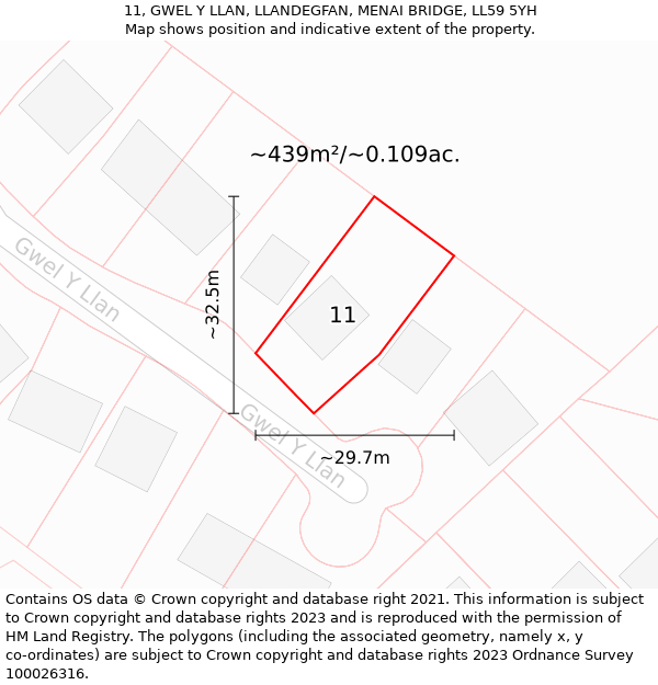 11, GWEL Y LLAN, LLANDEGFAN, MENAI BRIDGE, LL59 5YH: Plot and title map
