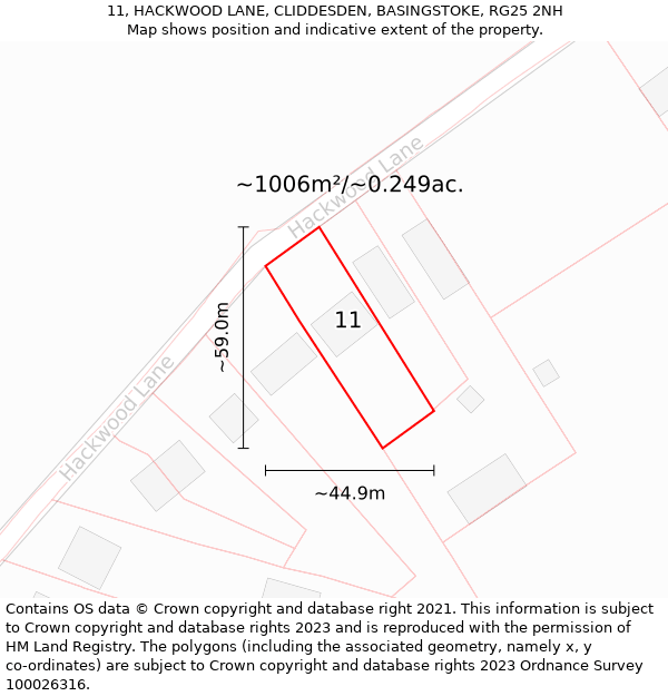 11, HACKWOOD LANE, CLIDDESDEN, BASINGSTOKE, RG25 2NH: Plot and title map