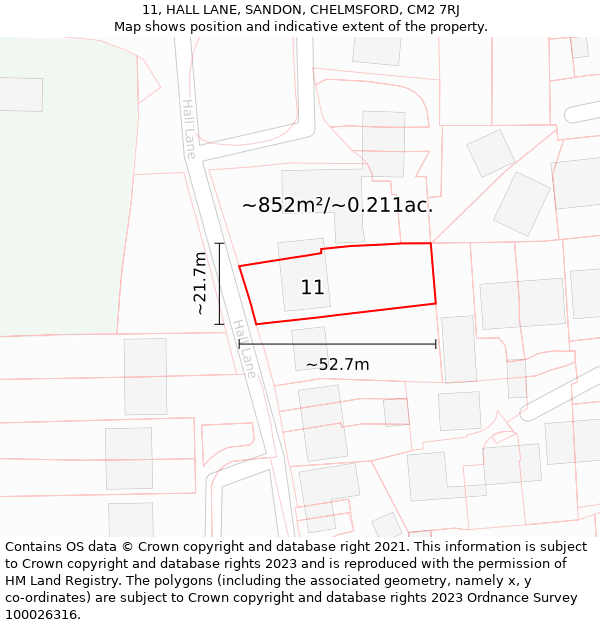 11, HALL LANE, SANDON, CHELMSFORD, CM2 7RJ: Plot and title map
