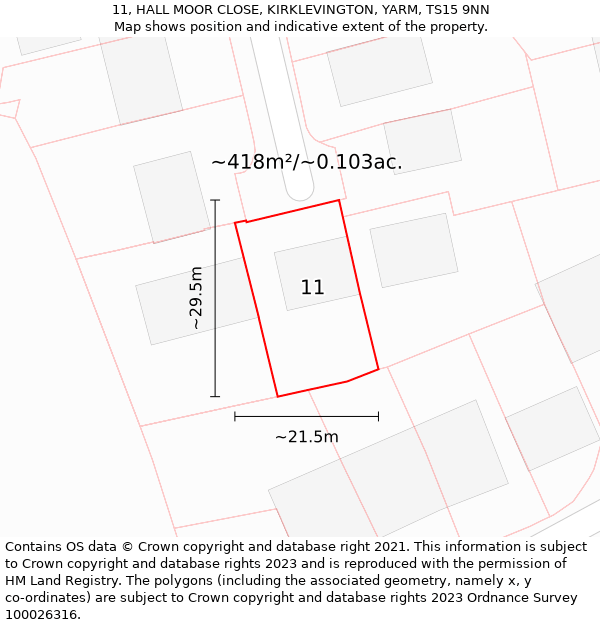 11, HALL MOOR CLOSE, KIRKLEVINGTON, YARM, TS15 9NN: Plot and title map