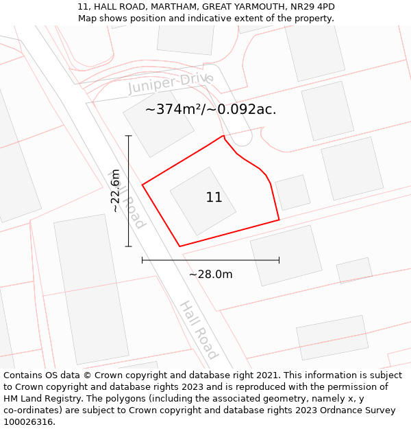 11, HALL ROAD, MARTHAM, GREAT YARMOUTH, NR29 4PD: Plot and title map