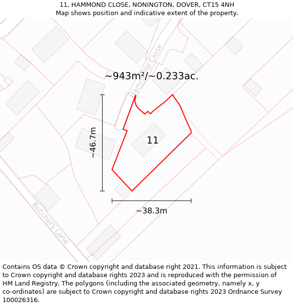 11, HAMMOND CLOSE, NONINGTON, DOVER, CT15 4NH: Plot and title map