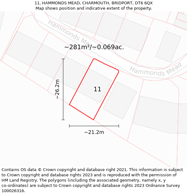 11, HAMMONDS MEAD, CHARMOUTH, BRIDPORT, DT6 6QX: Plot and title map