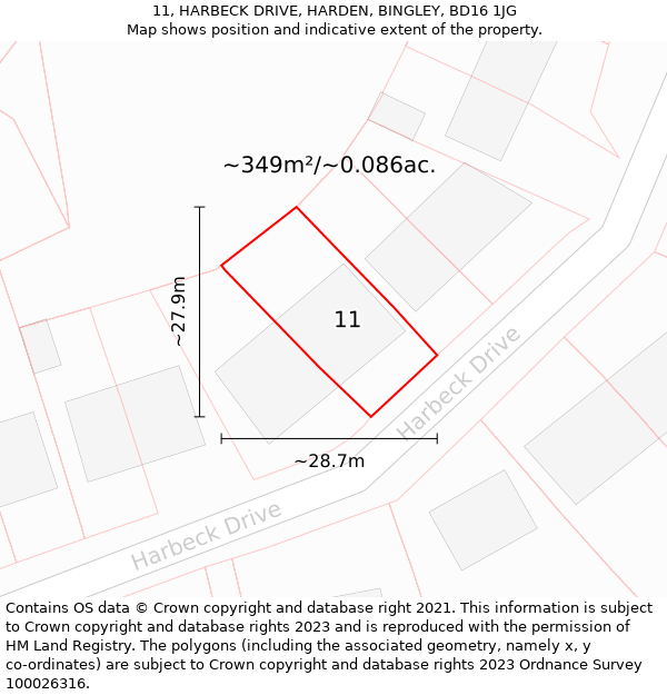 11, HARBECK DRIVE, HARDEN, BINGLEY, BD16 1JG: Plot and title map