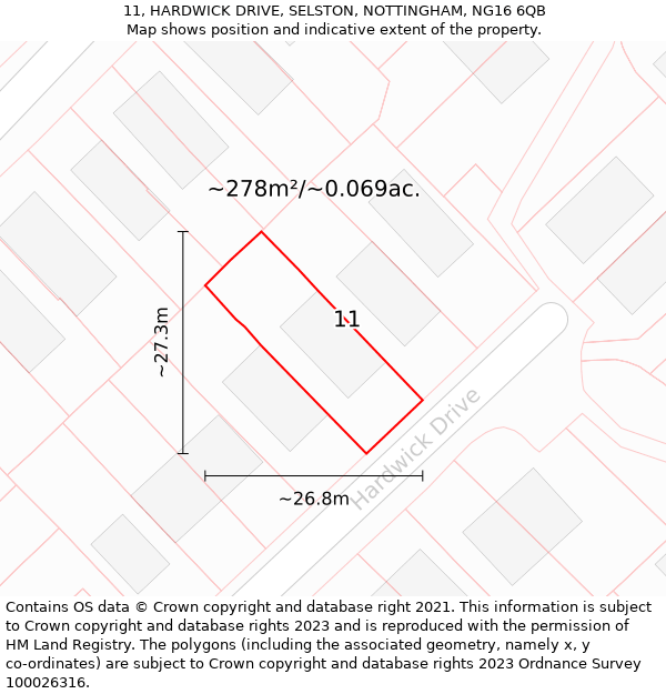11, HARDWICK DRIVE, SELSTON, NOTTINGHAM, NG16 6QB: Plot and title map