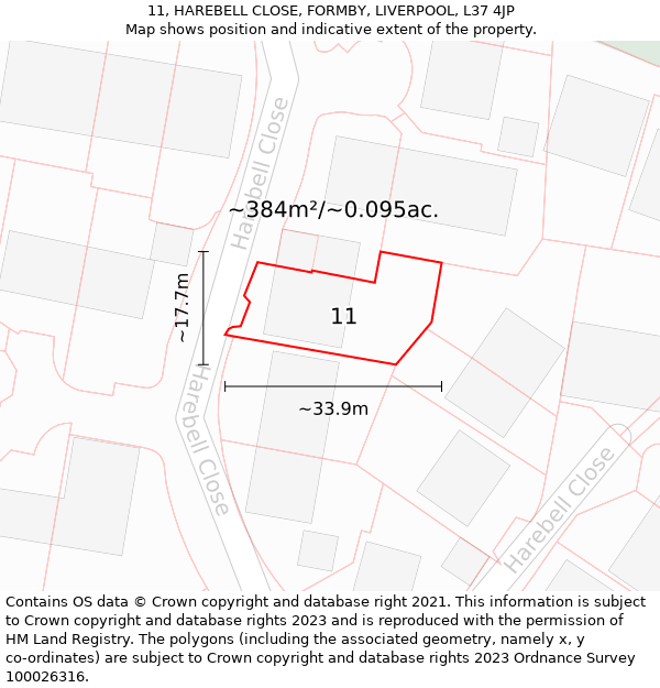 11, HAREBELL CLOSE, FORMBY, LIVERPOOL, L37 4JP: Plot and title map