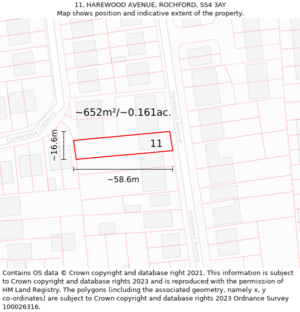 11, HAREWOOD AVENUE, ROCHFORD, SS4 3AY: Plot and title map