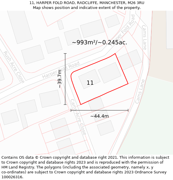 11, HARPER FOLD ROAD, RADCLIFFE, MANCHESTER, M26 3RU: Plot and title map