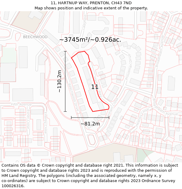 11, HARTNUP WAY, PRENTON, CH43 7ND: Plot and title map