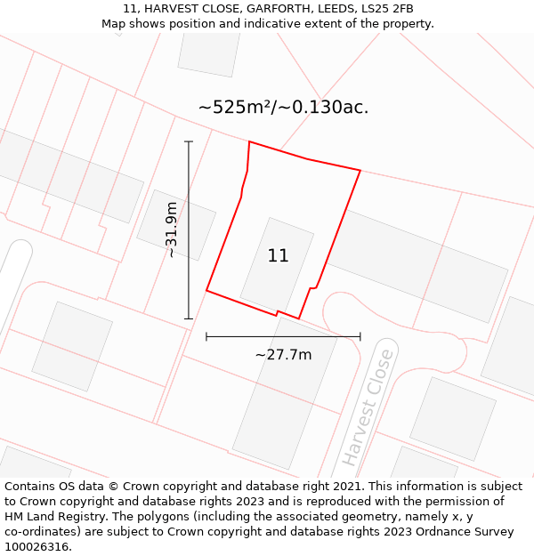 11, HARVEST CLOSE, GARFORTH, LEEDS, LS25 2FB: Plot and title map