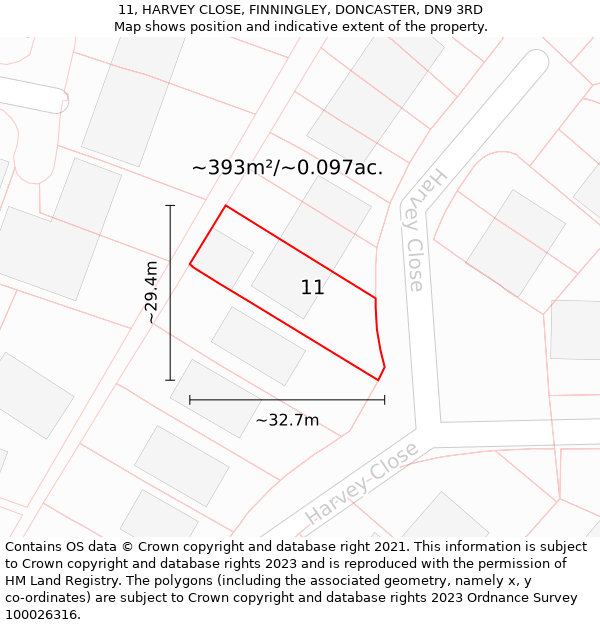 11, HARVEY CLOSE, FINNINGLEY, DONCASTER, DN9 3RD: Plot and title map