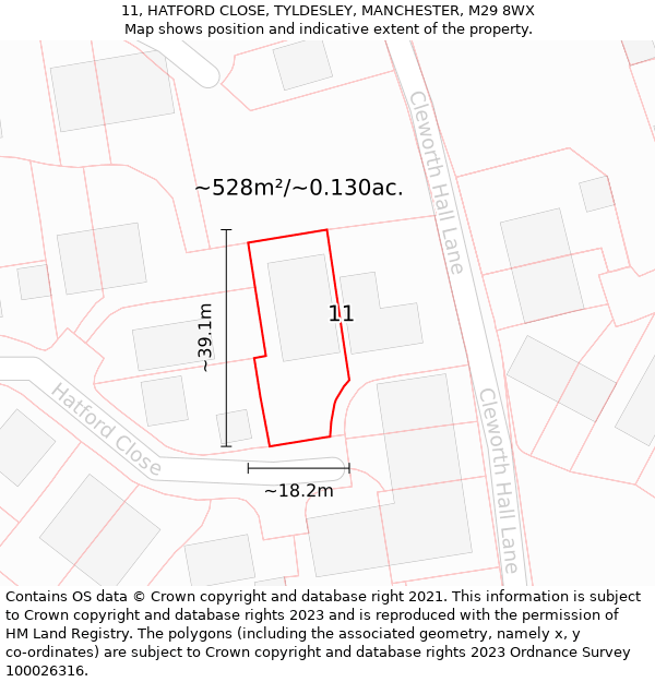 11, HATFORD CLOSE, TYLDESLEY, MANCHESTER, M29 8WX: Plot and title map