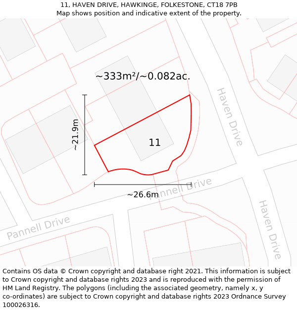 11, HAVEN DRIVE, HAWKINGE, FOLKESTONE, CT18 7PB: Plot and title map