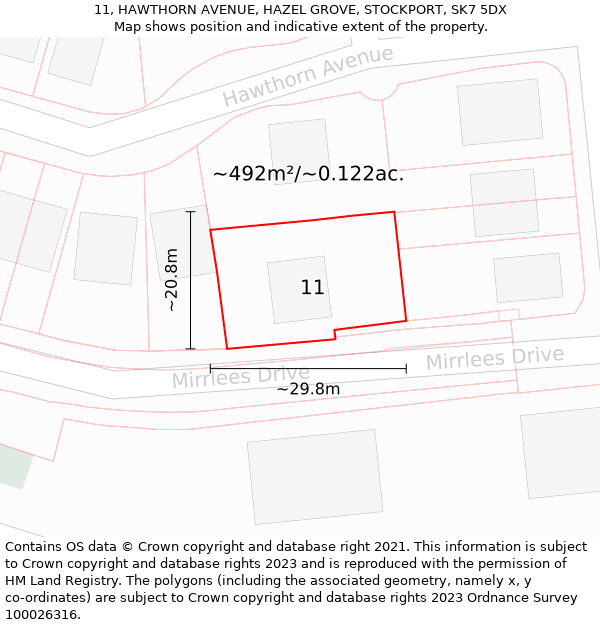 11, HAWTHORN AVENUE, HAZEL GROVE, STOCKPORT, SK7 5DX: Plot and title map