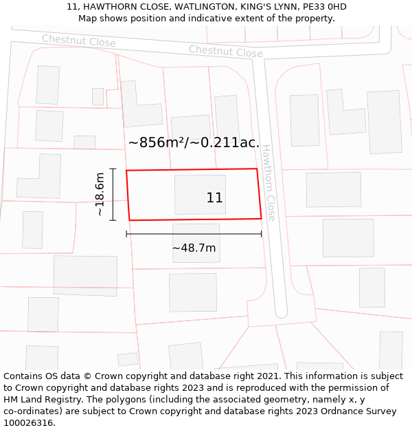 11, HAWTHORN CLOSE, WATLINGTON, KING'S LYNN, PE33 0HD: Plot and title map