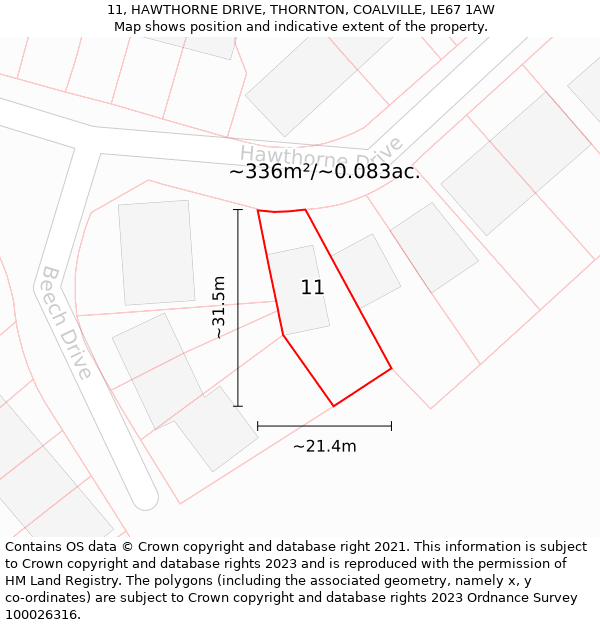 11, HAWTHORNE DRIVE, THORNTON, COALVILLE, LE67 1AW: Plot and title map