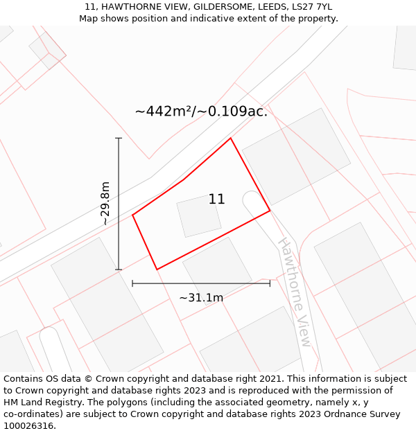 11, HAWTHORNE VIEW, GILDERSOME, LEEDS, LS27 7YL: Plot and title map