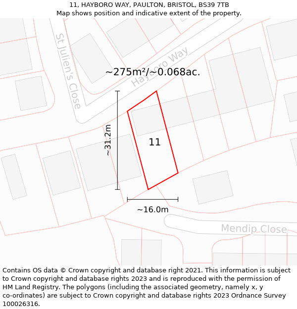 11, HAYBORO WAY, PAULTON, BRISTOL, BS39 7TB: Plot and title map