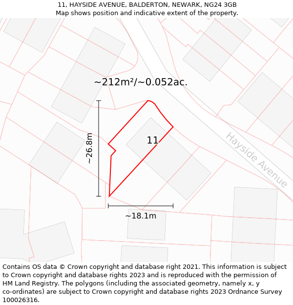 11, HAYSIDE AVENUE, BALDERTON, NEWARK, NG24 3GB: Plot and title map