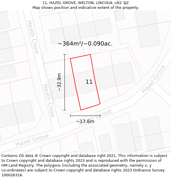 11, HAZEL GROVE, WELTON, LINCOLN, LN2 3JZ: Plot and title map